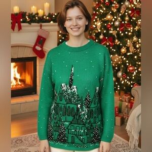 Vtg Precious Knits 20W Green Christmas Village Scene Sweater Snow On Church